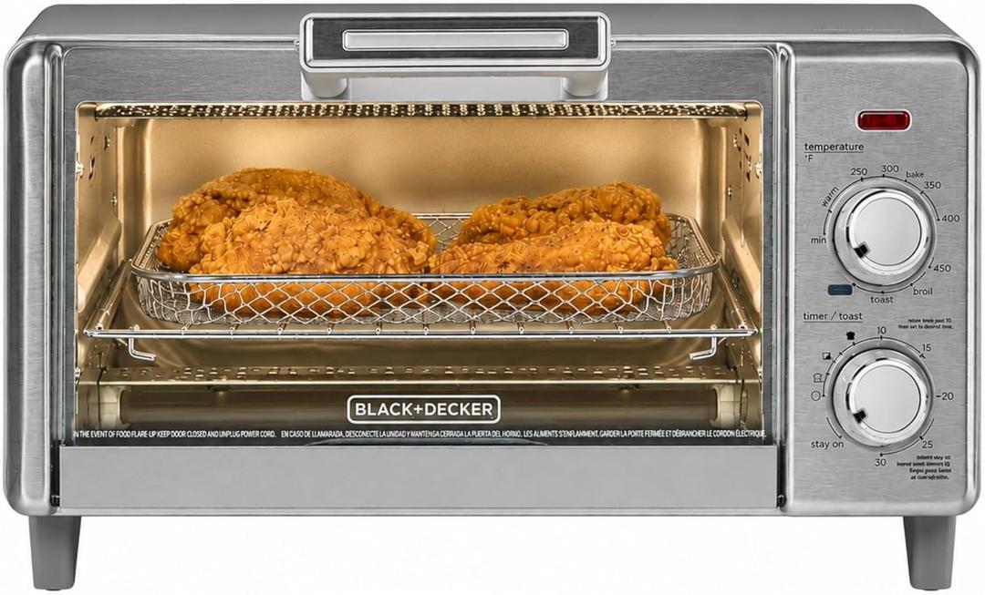 BLACK+DECKER Crisp 'N Bake Air Fry Countertop Convection Toaster Oven, Medium Capacity, 4-Slice, 5-in-1, Fits 9” Pizza, 30-Min Timer, Bake, Broil, Air Fry, Toast, Keep Warm, Stainless Steel