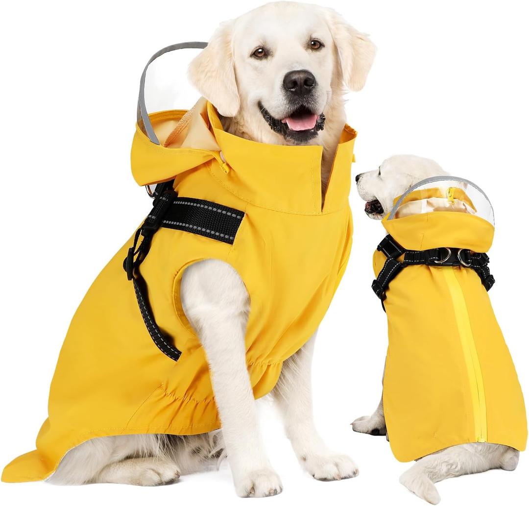 Lukovee Dog Raincoat - Waterproof Rain Jacket with Harness & Removable Hood, Reflective Double Layer Dog Rain Coat Poncho (Y,L)
