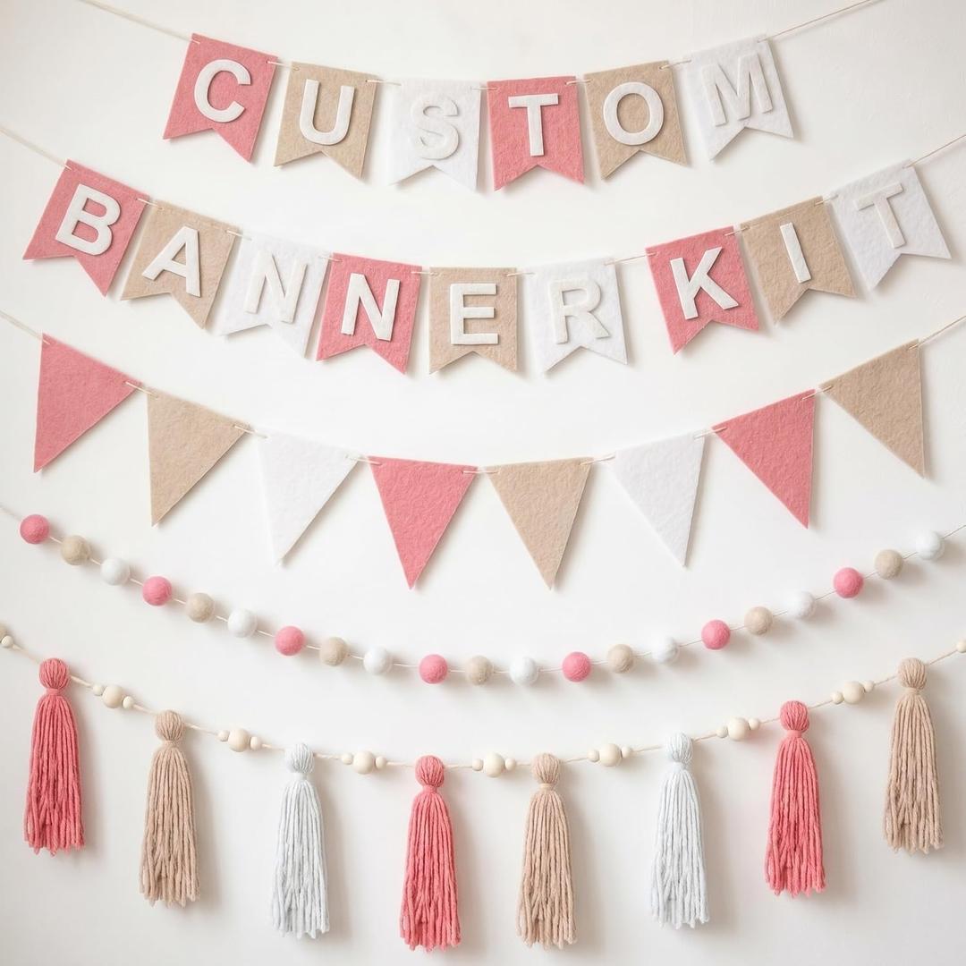 SmoothNovelty 139 Pcs Felt DIY Custom Banner Kit Include 104 Letters 18 Swallowtail Flags 15 Pennants 2 Pcs Pom Pom Garland Tassel Pompom Decoration for Home Baby Shower Birthday(Baby Pink)