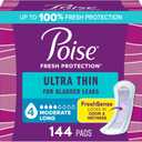 Poise Ultra Thin Incontinence Pads & Postpartum Pads for Bladder Leaks, 4 Drop Moderate Absorbency, Long Length, 144 Count