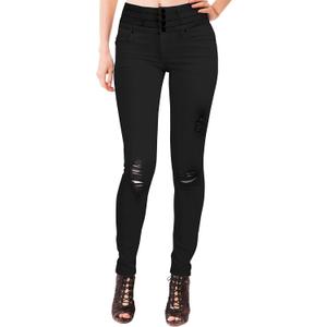 Hybrid & Company Womens Classic Denim Mid Rise Skinny Jeans Super Stretch Pants (5, Ripped Pants-black)