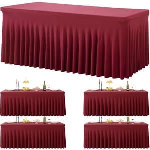 4 Pack Burgundy Spandex Tablecloths for 6 Foot Rectangle Tables, Wrinkle Free Fitted Tablecover 6ft Maroon Stretchy Table Clothes with Skirt for Weddings Birthday Party Banquet Baby Shower