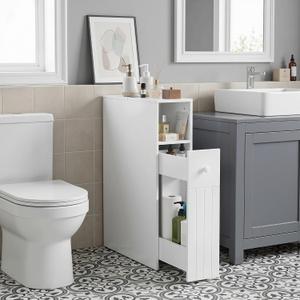 VECELO Slim Bathroom Storage Cabinet, Small Narrow Storage Organizer with Flip Top & Slide Out Drawers, Freestanding Toilet Paper Holder for Bathroom, Kitchen, Laundry Room, White, 7.5"D x 20.0"W x 28.5"H