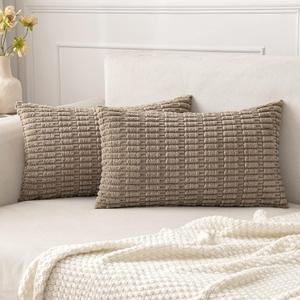 MIULEE Pack of 2 Corduroy Decorative Lumbar Throw Pillow Covers 24x14 Inch Soft Boho Striped Pillow Covers Modern Farmhouse Home Decor for Sofa Living Room Couch Bed Light Brown