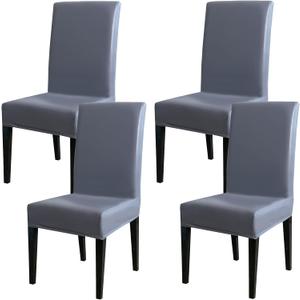 Qubjus Dining Chair Covers, Solid Pu Leather Waterproof Oilproof Stretch Dining Chair Protector Cover Slipcover (Grey, 4 Pack)
