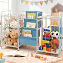 Kids Dual-Side Toy Storage and 3-Tier Bookshelf  Montessori Toddler Organizer with Divided Left and Right Toy Bins & Bookcase for Nursery, Playroom (White & Blue)