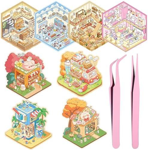 3D Sticker Scene, 8Sets DIY House Stickers Therapy for Adult, Make Your Own Mini Shop Stickers with 2 Types of Tweezers, Reusable&Waterproof Cute Cartoon Animal Sticker for Relief Stress Pass The TimePackof 3
