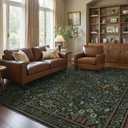 Bavni Floral Dark Green Area Rugs 8x10, Vintage Boho Carpet Machine Washable, Non Slip Soft Low Pile Thin Rug for Bedroom, Living Room, Dining Room, Nursery