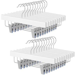 TOPIA HANGER 11.8 Inch White Wooden Pants Skirt Hangers for Kids Baby Toddler Children, Extra Thick Chrome Hooks & Anti-Wrinkle Premium Flat Clips 20 Pack CT09PW20