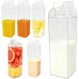 6 Pack 17 oz Milk Carton Water Bottles, Reusable Clear Plastic Square Milk Box Drink Storage Container, Leakproof Portable Juice Tea Jug Drinkware for Outdoor Sports Travel Camping Activities