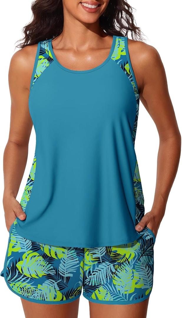 Summer Mae Blouson Tankini Swimsuits for Women 2026 Tummy Control Two Piece Bathing Suits with Sporty Pockets Swim Shorts (Blue), 22W