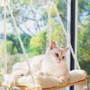 Cat Window Perch, Rustic Cat Hammock Bed with Solid Wood Seat 4 Heavy Duty Suction Cups, Plush Cushion, Indoor Pet Window Hammock for Cats for Large Cats