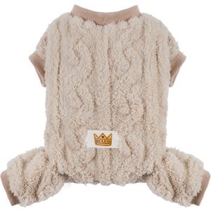 Plush Dog Pajamas for Cold Weather 4 Legged Clothes for Dog Cat Stretchy Puppy Kitten Onesie with Buttons Warm Soft Pet Jumpsuit Winter Coat Beige Medium