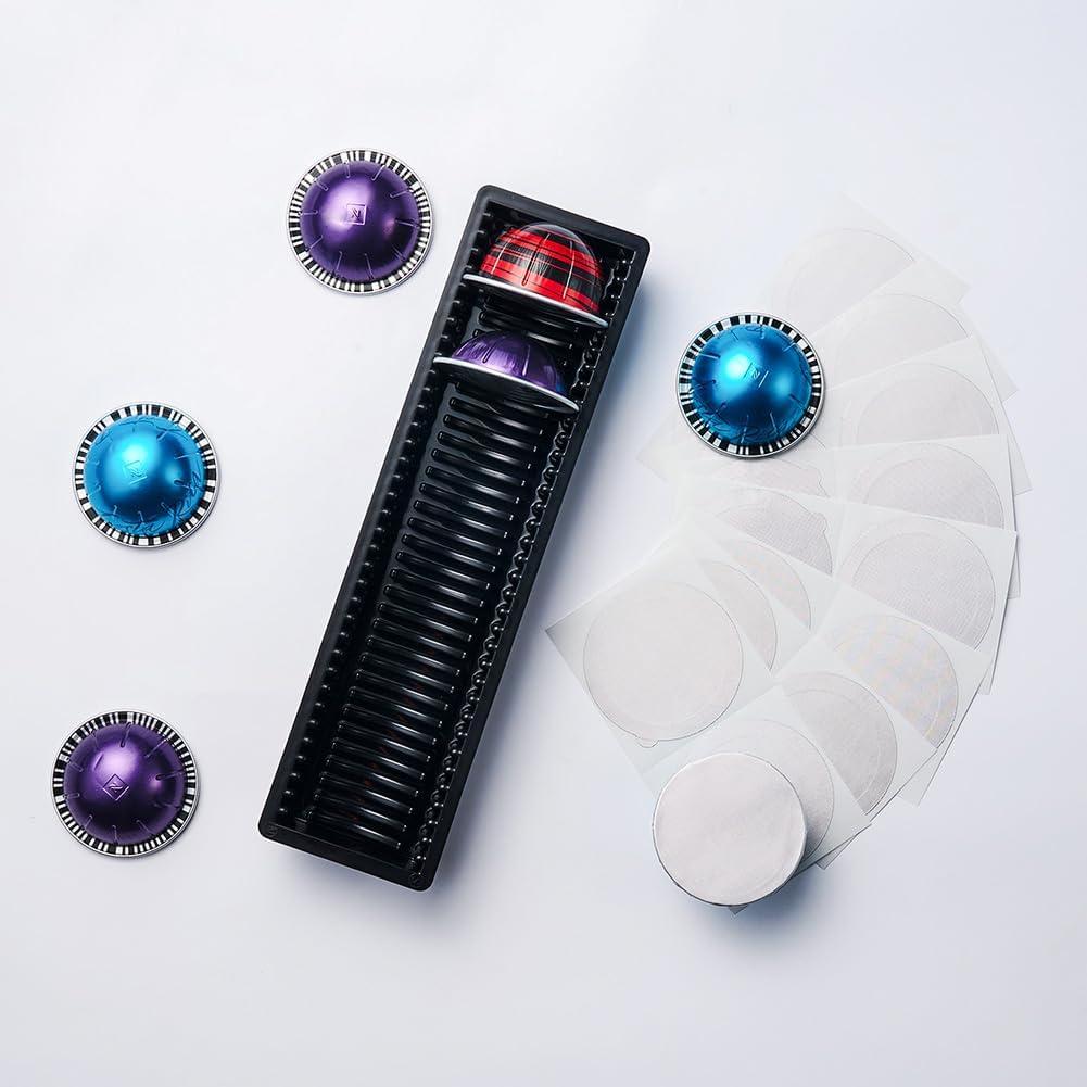 Reusable Vertuo Pods Kit for Nespresso,50 PCSAluminum Foil Lids for Reusable Nespresso Vertuo Pods,1PCS Nespresso Pod drawer Organizer
