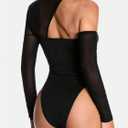 MakeMeChic Women's Bodysuits Mesh Sheer Rave Outfits Asymmetrical Neck Long Sleeve Cut Out Sexy Tops (Black, XL)