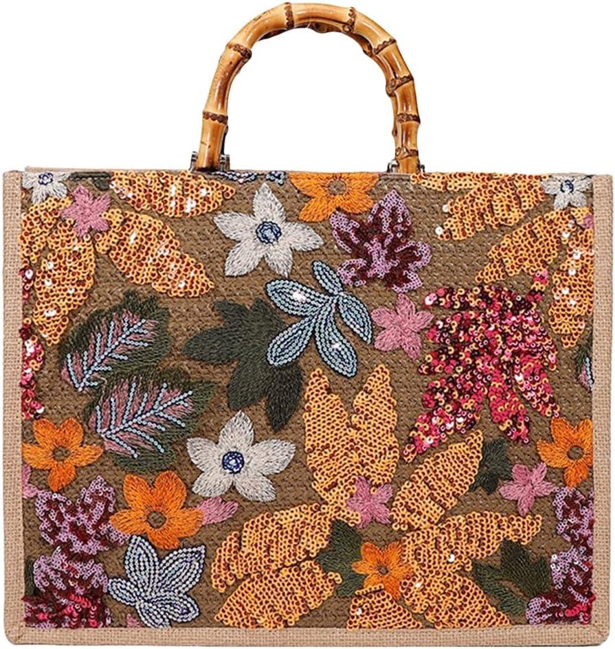 Sister Amy Elegant Sequin-Embroidered Woven Tote Bag - Stylish Summer Beach Shoulder Handbag for Women's Vacation Essentials