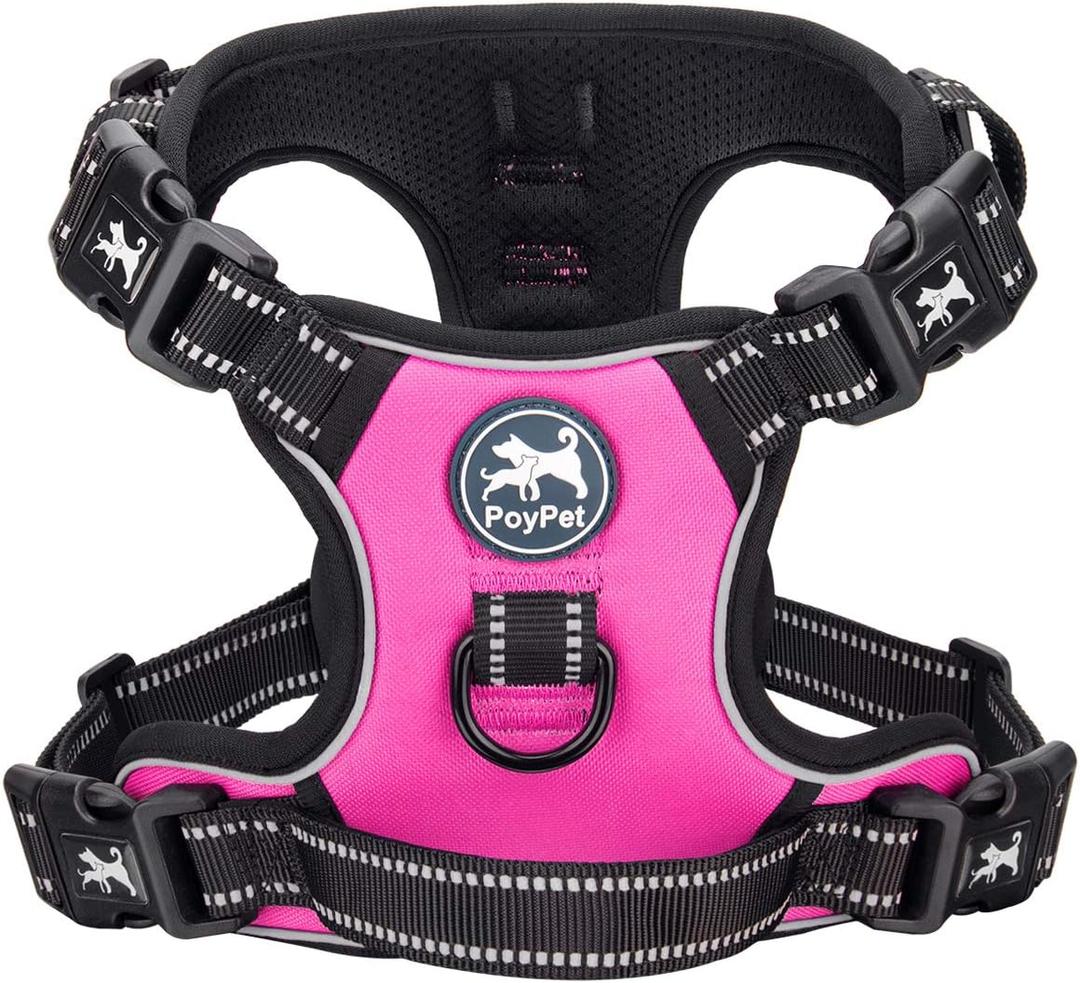 PoyPet 2019 Upgraded No Pull Dog Harness with 4 Snap Buckles, Reflective with Front & Back 2 Leash Hooks and an Easy Control Handle [NO Need Go Over Dogs Head] (Pink,S)