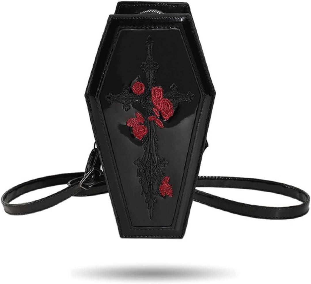 Goth Purse Coffin Halloween Purses Clutch Shoulder Bag Small Crossbody Bag Spooky Horror Cute Wallet (Black Cross Rose)