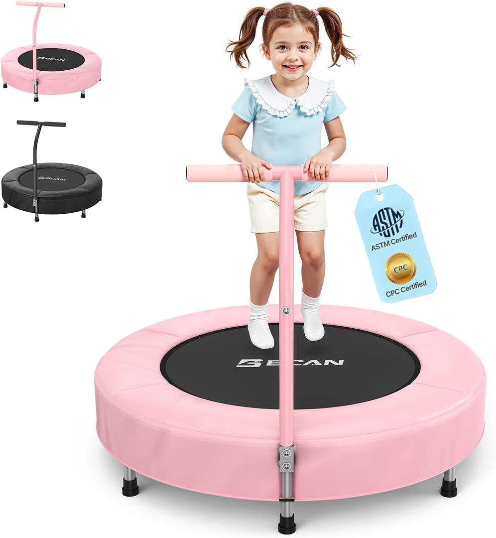 BCAN 36'' Toddler Trampoline, ASTM Certified - Kids Trampoline for Ages 1-6, Foam Handle & Safe Thickened Cover, Mini Trampolines for Kids Indoor, Easy to Assemble (Pink-Classic)