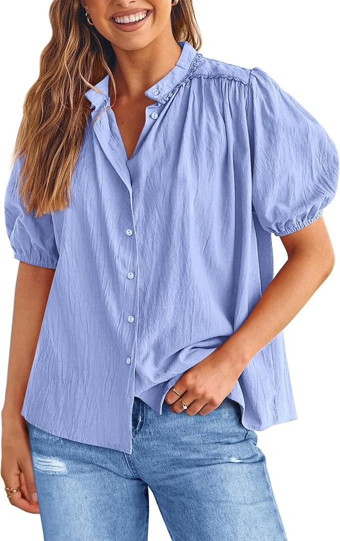 PRETTYGARDEN Women's 2026 Summer Button Down Shirts Short Lantern Sleeve V Neck Cotton Cute Tops Dressy Casual Blouses