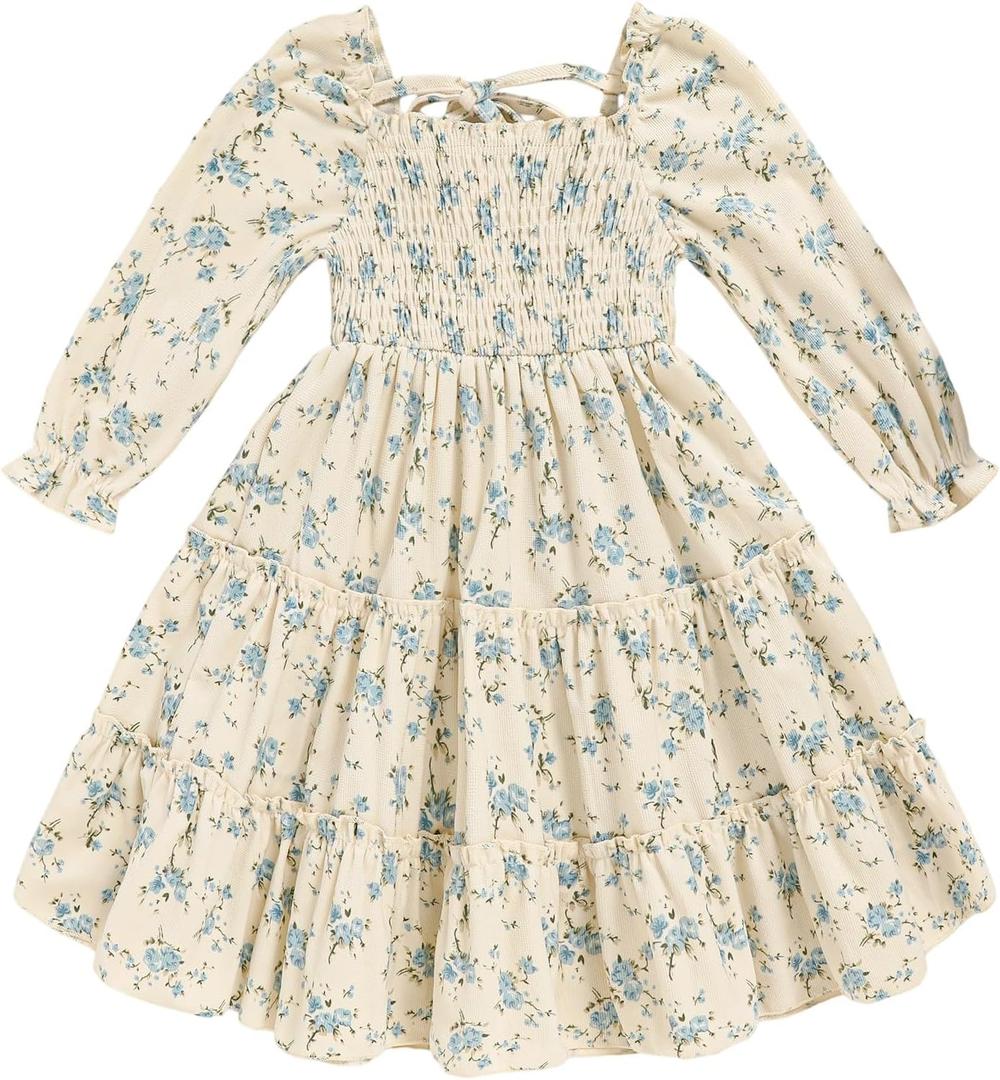 Toddler Girl Dress Long Sleeve Baby Floral Smocked Square Neck Playwear Dress | Spring Fall Casual Dresses (Blue, 1-2T)