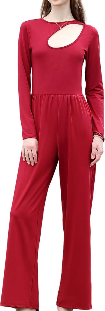 RONGTAI One Piece Jumpsuit for Women Long Sleeve Cutout Neck High Waist Dressy Casual Stright Leg Romper (Red, M)