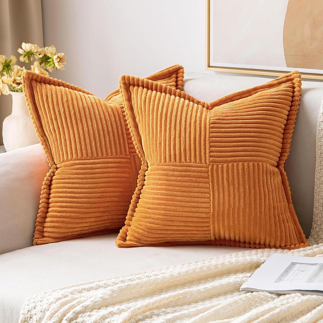 MIULEE Burnt Orange Decorative Throw Pillow Covers for Couch Bed Livingroom 20x20 Inch Set of 2 Boho Accent Throw Pllows Broadside Striped Patchwork Soft Corduroy Pillowcases