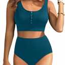 Aqua Eve Women High Waisted Bikini Set Racerback Swimsuit Two Piece Bathing Suit High Neck Swimwear Small