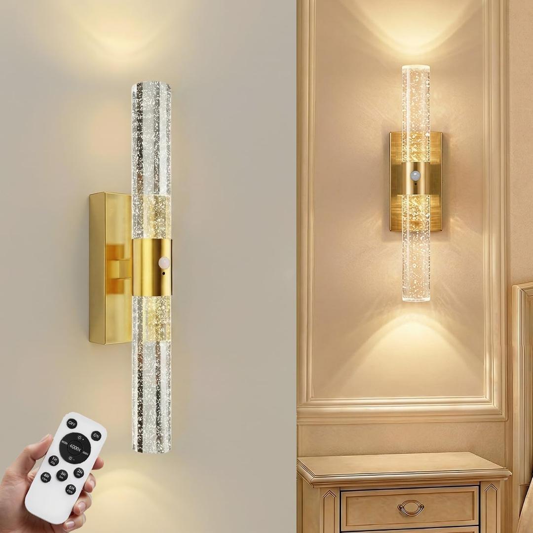 IRONPAX Wireless Wall Sconces Battery Operated, Rechargeable Wall Sconce,3CCT sconces wall Decor, 12000mAh Dimmable Bulbs & Remote, Motion Sensor (Gold - 1 Pack - 15.3 inch)