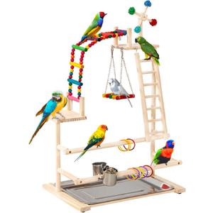 Bird Playground, Wooden Bird Play Stand with Ladder, Swing & Feeder Cups