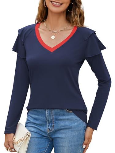 SENFURE Women Long Sleeve V Neck Tops Slim Fitted T Shirt for Women Ruffle Sleeve Tunic Blouse Fall Winter Sweatshirt Navy S, Set of 2