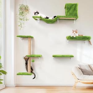 FUKUMARU Cat Wall Shelves, Stable & Safe 5 in 1 Cat Walls Furniture Set, Wooden Kitten Climbing Wall with Scratching Post for 16 Inch Drywall - Green