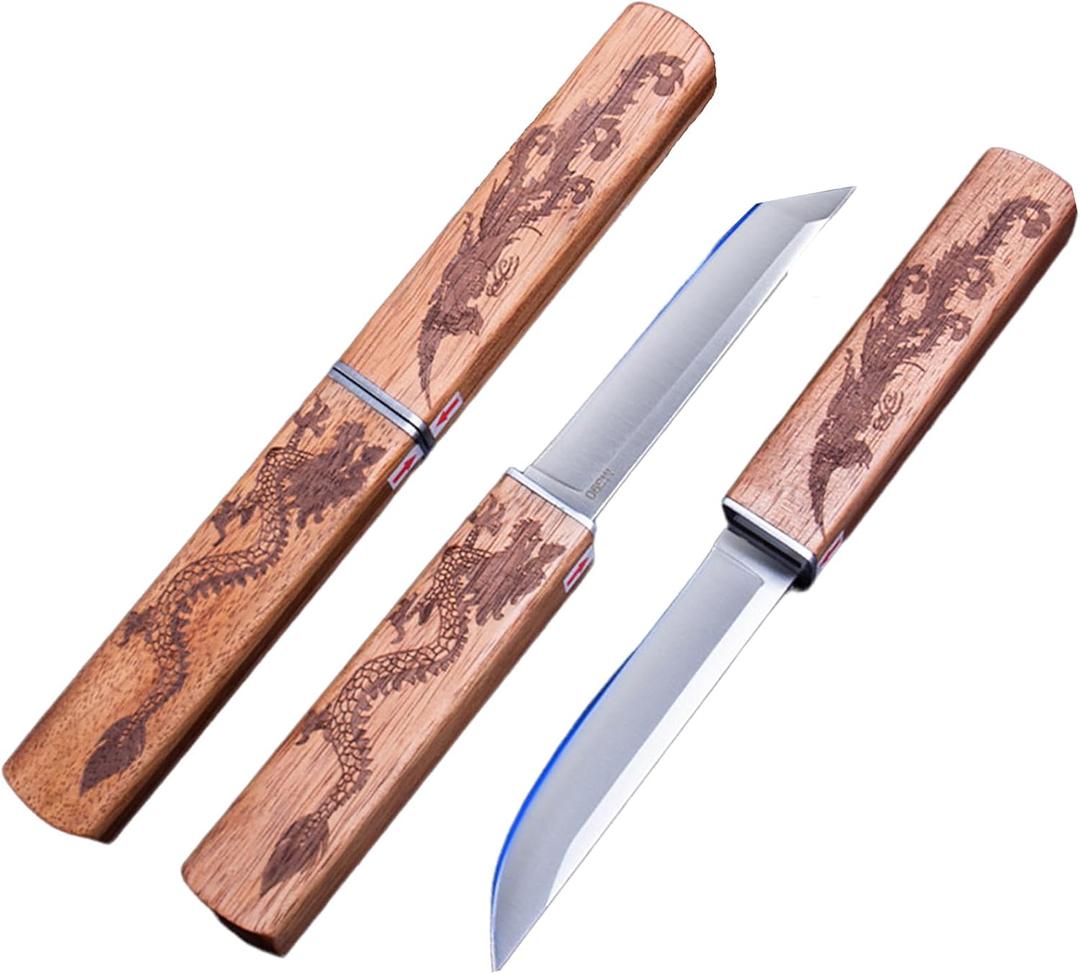 Lancici 2 In 1 Steak Knive Set, Double Blades Professional Sharp Steak Knives Wood Handle with Pairing Bamboo Knife Sheath, Unique Camping Fruit Knife Set for Meat Bbq Outdoor