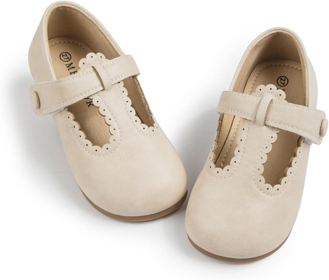Meckior Toddler Little Girl Mary Jane Dress Shoes Ballet Flats for Girl Party School Shoes Bowknot Princess Shoes (8.5 Toddler, B05/Beige)