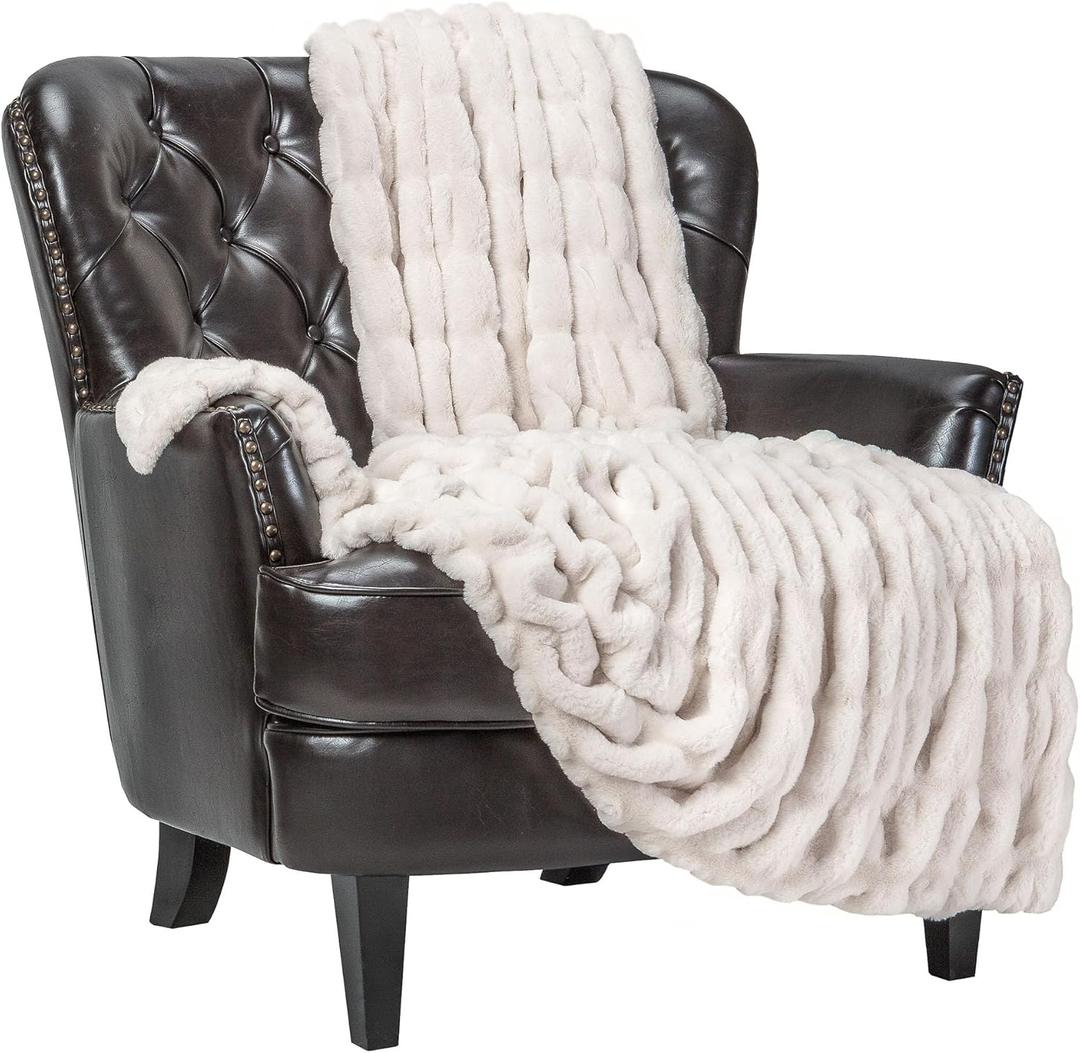 Chanasya Premium Ruched Faux Fur Throw Blanket - Luxurious, Soft Reversible Mink Blanket - 50" x 65 - Cloud (50x65 Inches, A(cloud))