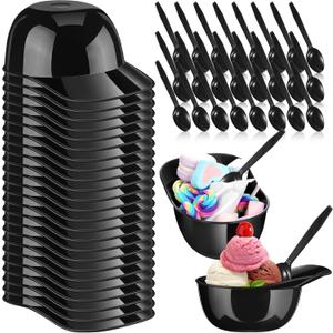 Suclain 24 Count Baseball Helmet Snack Ice Cream Bowl 24 Pcs Disposable Taster Spoons 8 oz Mini Sundae Bowls Dessert Plastic Spoons for Party Supplies(Black)
