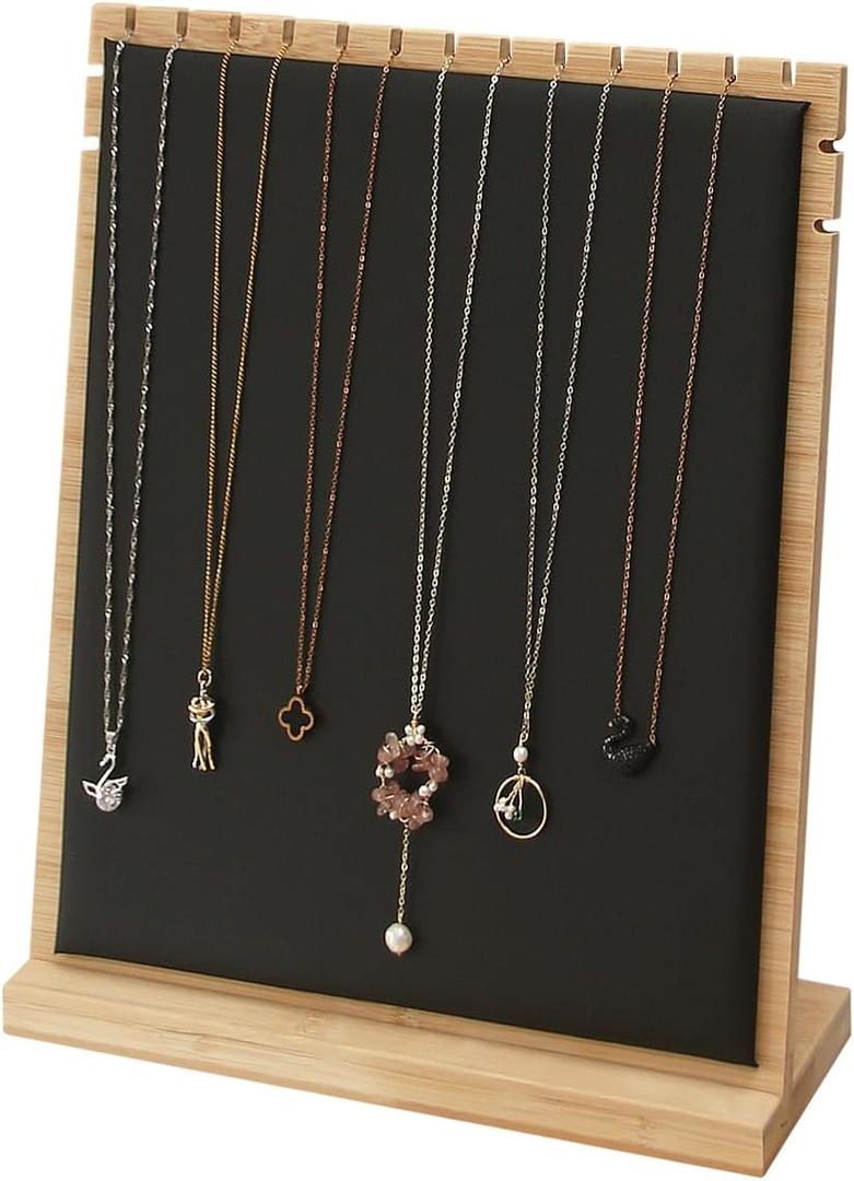 Bamboo Necklace Display Stand, Wood Jewellery Necklace Holder, Chain Jewelry Rack Organizer, Tabletop Display Boards for Home or Shop Sell Show (Black PU) (Medium Size(10.8"X11.8"))