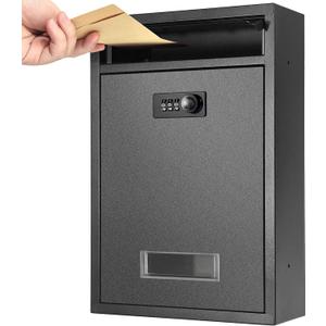 Wall Mount Mailbox, Combination Lock Mail Boxes for Outside, Safe Drop Box with Code, Metal Secure Hanging Mailbox for Home School, 12.8H x 8.6L x 3.3W Inches, Black