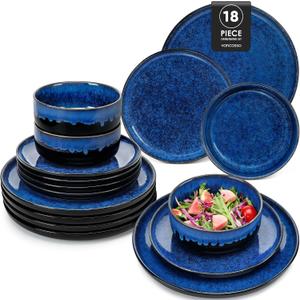 vancasso Starry 18 Pieces Dinnerware Sets for 6, Blue Reactive Glaze Dishes Sets, Ceramic Plates and Bowls Set, Dinner Salad Dessert Plates, and Cereal Bowls Set, Dishwasher and Microwave Safe