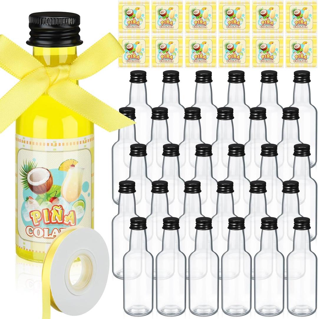 30 Pack 1.7oz Mini Liquor Bottles 50ml Plastic Alcohol Bottle with Cap, Labels, Ribbon for Party Supplies (Pia Colada,Yellow)