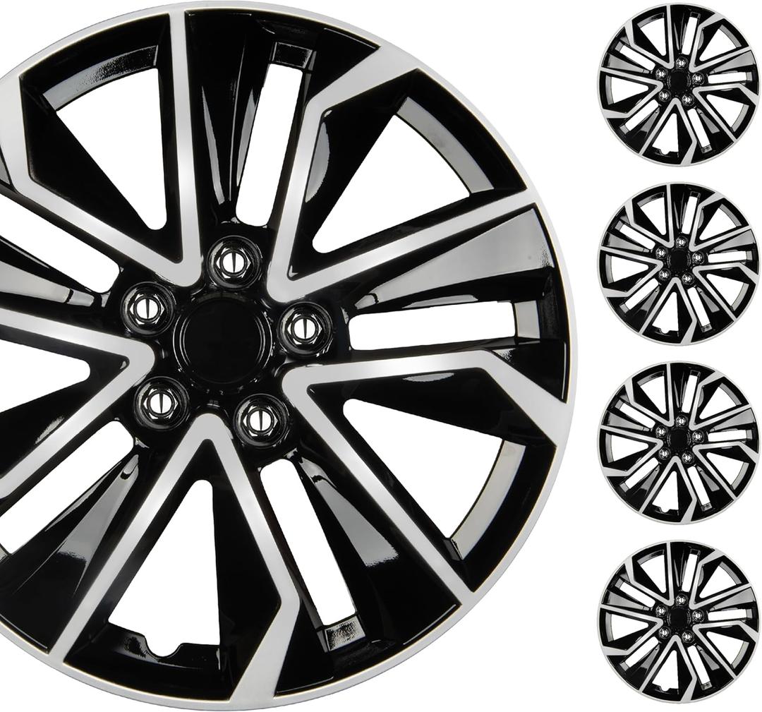 BDK 16 Inch Hubcaps Set of 4 OEM Replacement Snap-On Wheel Rim Covers - Universal Fit Car Wheel Cover for Cars, Trucks, SUV, Vans Durable ABS Black & Silver 10-Spoke Hub-Cap Car Accessories Exterior
