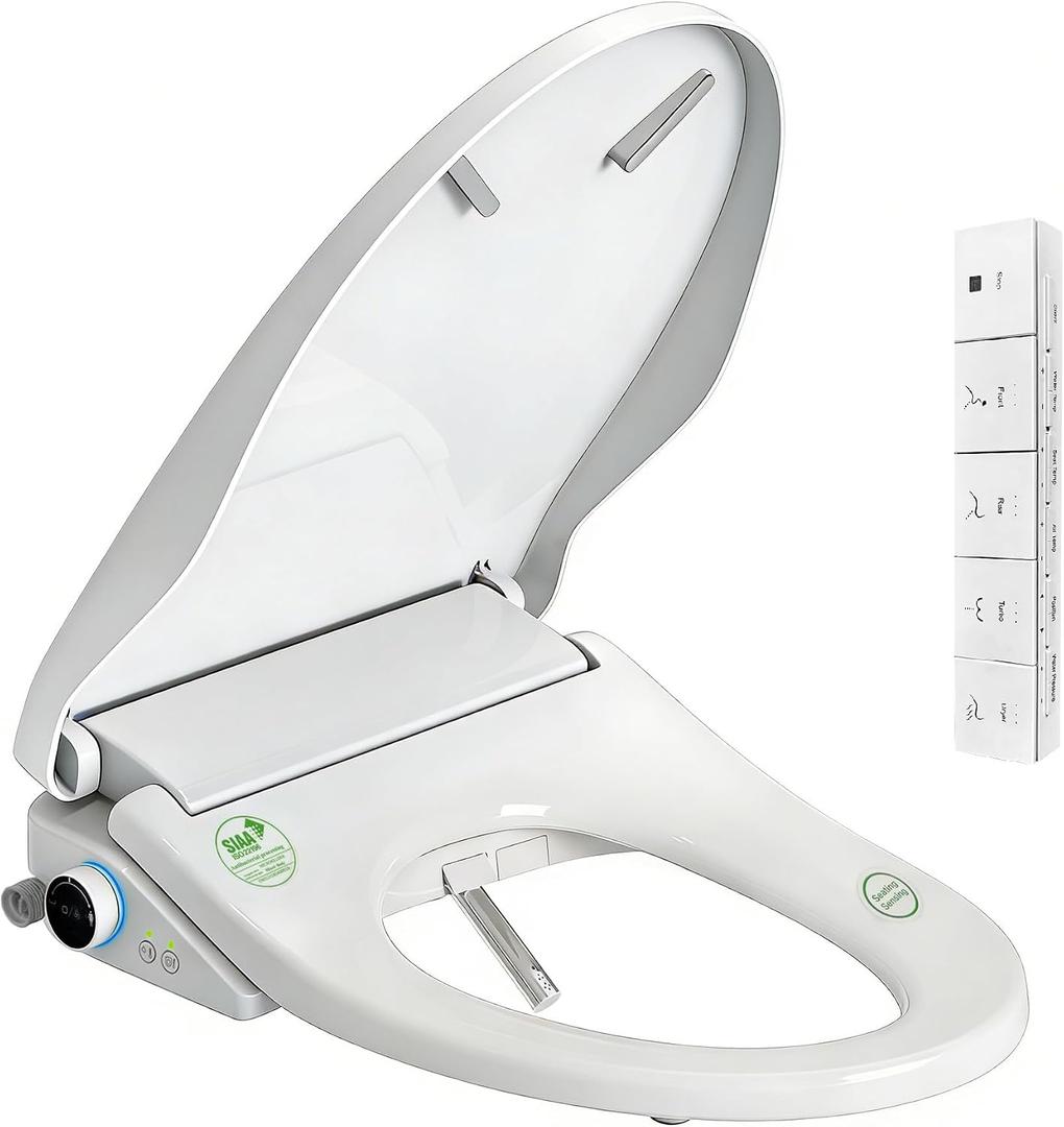 Electric Smart Bidet Toilet Seat with Remote Control, Heated Seat, Instant Warm Water & Air Dryer, Advanced Safety Features, Stainless Steel Nozzle, Slow Close Lid, Silent, Elongated, White