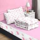 Nesker Full Zipper Bedding, Pink Bowknot Zipper Bedding Sets for Girls, 3pcs All in on one, Princess Flower Kids Comforter Set with Fitted Sheet and 2 Pillowcases
