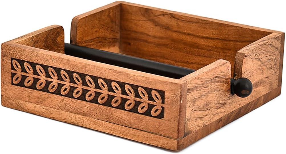 Nirman Napkin Holder Iron & Acacia Wood with Iron Rod Rustic Tabletop Napkin Dispenser for Kitchen, Dining Table, or Countertop (7.5" x 7.5" x 2.5")