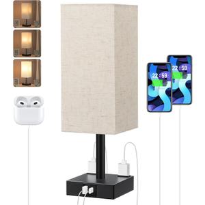 Touch Bedside Table Lamp For Nightstand - 3-Way Dimmable Night Lamp with USB A + Type C Charging Ports and two AC Outlets, Small Desk Light with E26 LED Bulb for Bedroom Living Room Dorm, BEIGE (14.0in)