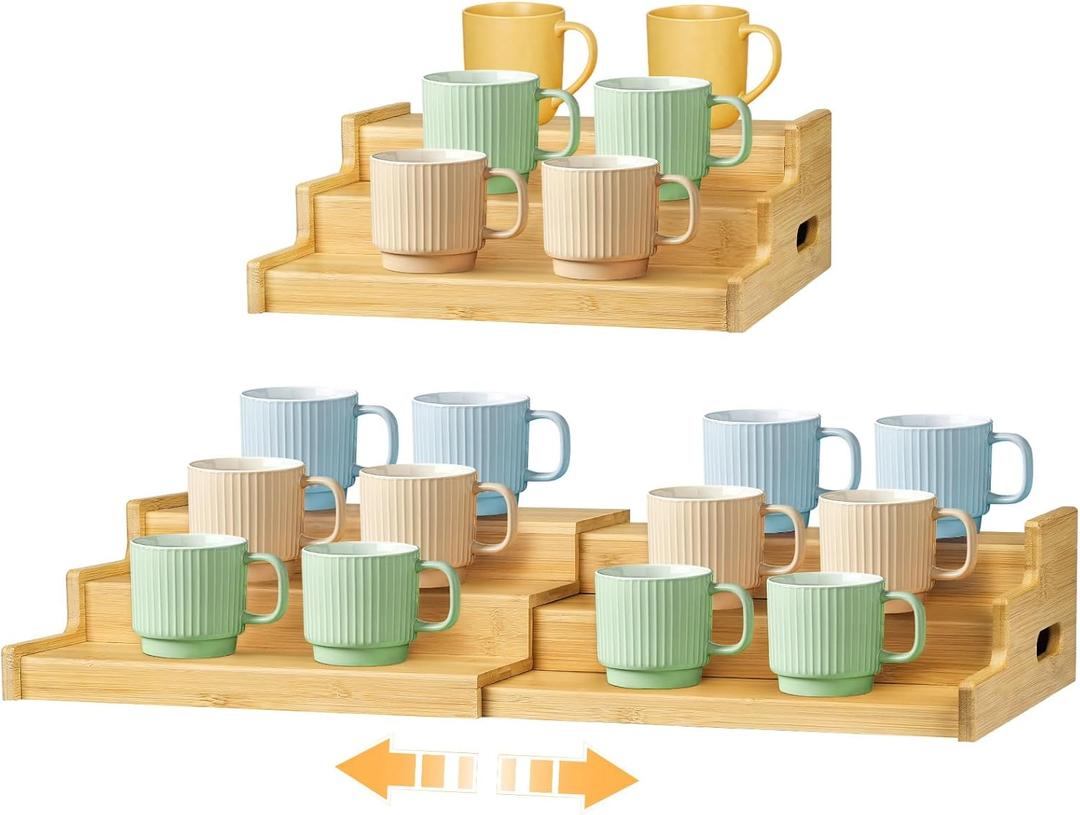 3-Tier Expandable Bamboo Mug Holder for Countertop Coffee Cup Holder Display Mug Organizer Mug Rack for Coffee Bar Organizer Mug Shelf for Cabinet for Kitchen, Home, No Assembly