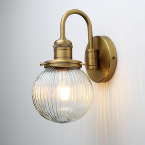 Industrial Vintage 1-Light Wall Sconce with 5.9" Round Ribbed Clear Glass Globe Lampshade, U-Shaped Indoor Wall Mounted Lamp Fixture for Bedroom Living Room Bathroom Vanity