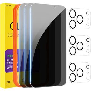 PEHAEL 3+3Pack for iPhone 17 Pro Privacy Screen Protector with Camera Lens Protector Full Coverage AntiSpy Tempered Glass Film 9H Hardness Easy Installation Bubble Free [6.3 inch]