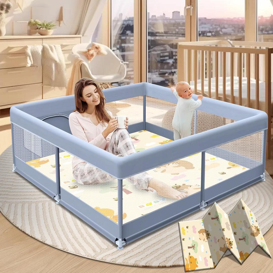 Baby Playpen with Mat, 50 x 50 Inch Play Pen Playards, Playpen for Babies and Toddlers, Baby Playard for Indoor & Outdoor Active Center Game Fence, Skin-Friendly Fabric and Soft Breathable Mesh (50  50 inch+Mat, Grey)