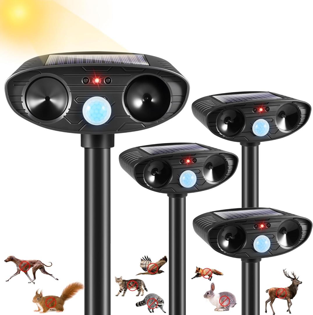 4Pack Rabbit Deterrent Outdoor Solar Ultrasonic Raccoon Repellent Outdoor Animal Repeller with Motion Detection Deer Repellent Device Animal Deterrent for Cat Squirrel Skunk Repellent for Yard